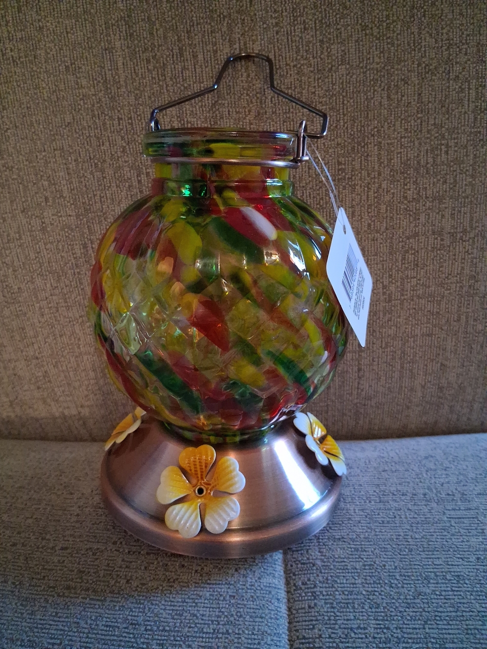 NWT Multicolor Glass Mosaic Hummingbird Feeder with 4 Stations